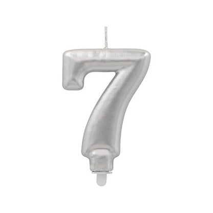 The PAPSTAR GmbH number candle with holder (7 cm, silver) displays the number seven with a wick at the top against a white background.