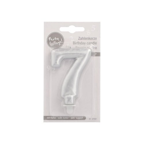 The PAPSTAR GmbH number candle with holder 7 cm "silver" is a silver number 7 candle, packed in clear plastic and cardboard with multilingual text and a label indicating that the silver birthday candle includes a holder.