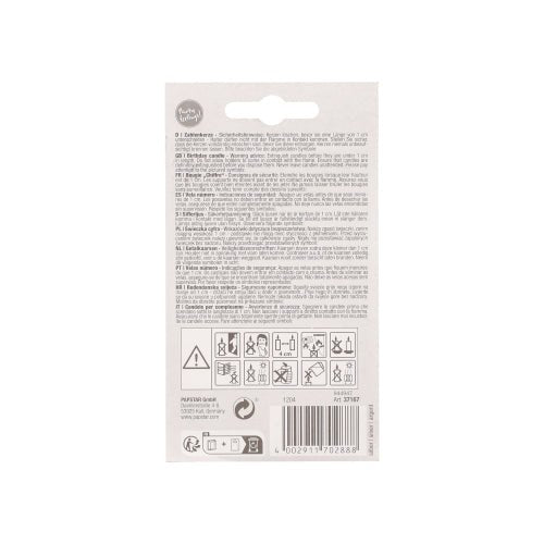 On the back of the packaging of the PAPSTAR GmbH number candle with holder 7 cm "silver" are instructions and warnings in several languages, safety symbols, recycling information, a barcode, and product identification numbers.