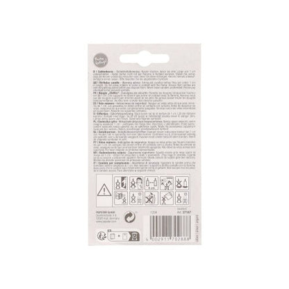 On the back of the packaging of the PAPSTAR GmbH number candle with holder 7 cm "silver" are instructions and warnings in several languages, safety symbols, recycling information, a barcode, and product identification numbers.