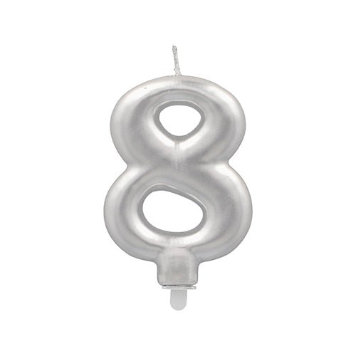 The PAPSTAR number candle with holder 7 cm "silver" from PAPSTAR GmbH is perfect for special birthdays - silver-colored candle in number form with wick and practical plastic holder.