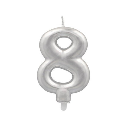 The PAPSTAR number candle with holder 7 cm "silver" from PAPSTAR GmbH is perfect for special birthdays - silver-colored candle in number form with wick and practical plastic holder.