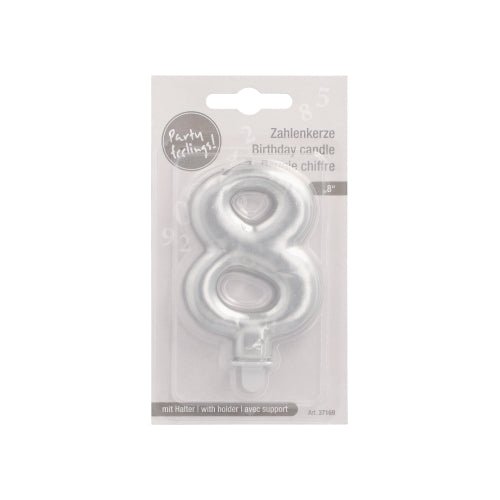 The PAPSTAR GmbH number candle with holder 7 cm "silver" is a silver number candle (8) in a transparent blister pack with multilingual labeling and a bright "Party Feeling!" sticker.