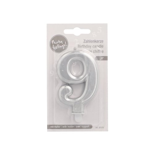 The PAPSTAR GmbH number candle with holder 7 cm "silver" is a silver number candle in plastic packaging with multilingual text and a cutout for hanging, perfect as a festive birthday candle.