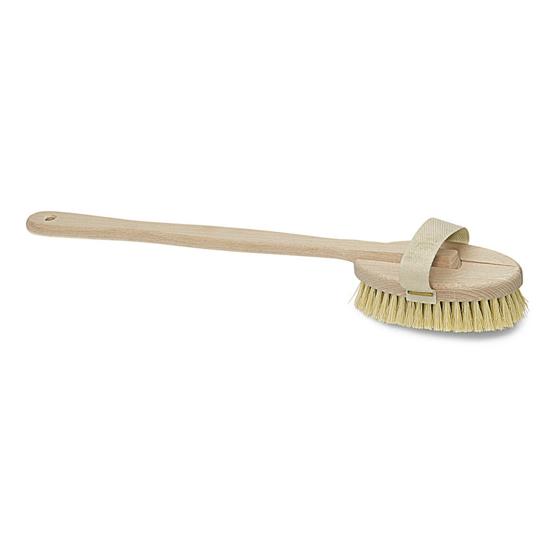 The Nölle Profi Brush bath brush (48 cm) with heat-resistant natural fiber bristles, medium-hard, long wooden handle, and textile strap is perfect for body care in the shower or bath.
