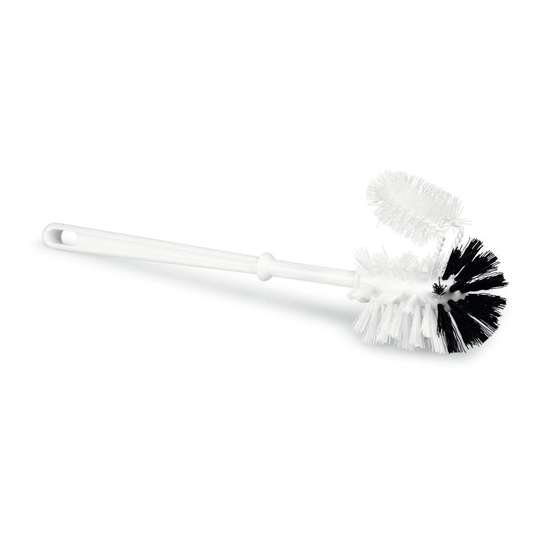 The Nölle Profi Brush toilet brush with rim cleaner (38 cm) features a white plastic handle, a round head with durable black and white PP bristles, and an attached rim cleaner. 1 piece. Brand: Nölle Profi Brush Bürsten- & Pinseltechnik e.K.