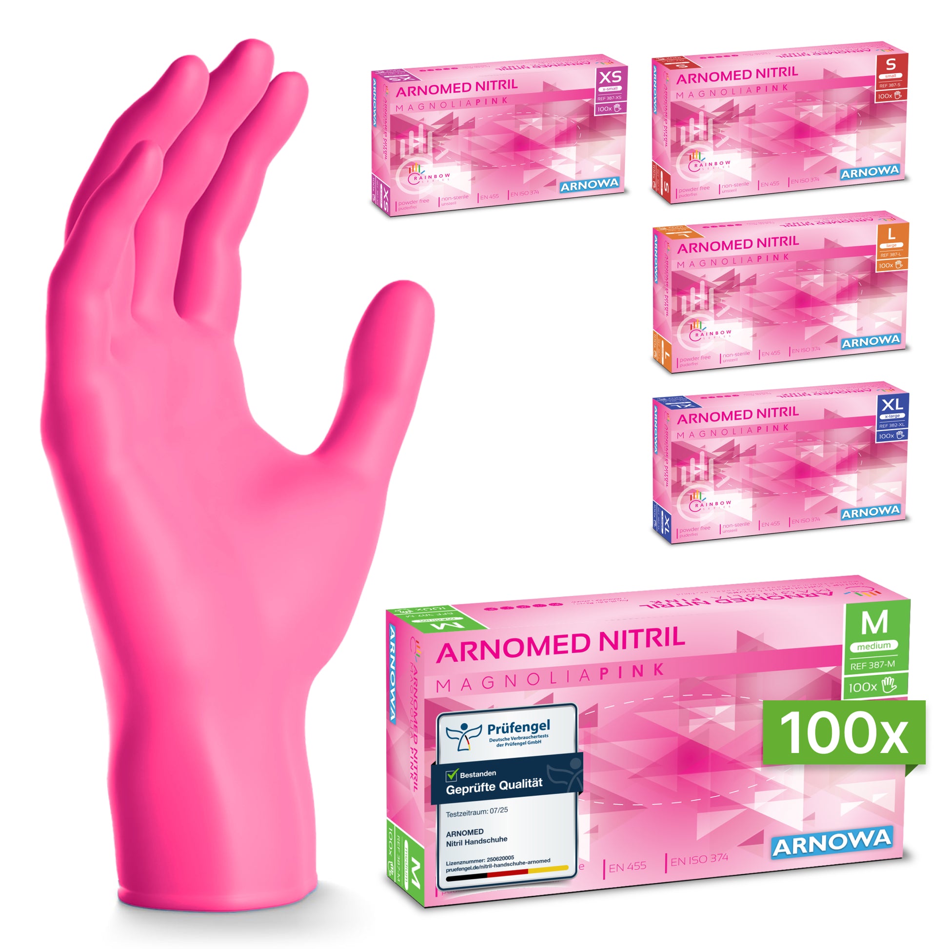 Ein pinker ARNOMED NITRIL MAGNOLIA PINK Einmalhandschuh von ARNOWA GmbH steht aufrecht. Daneben sind sechs Boxen in verschiedenen Größen mit Aufschrift "ARNOMED NITRIL MAGNOLIA PINK", "puderfrei latexfrei" und eine Box zeigt "100x".