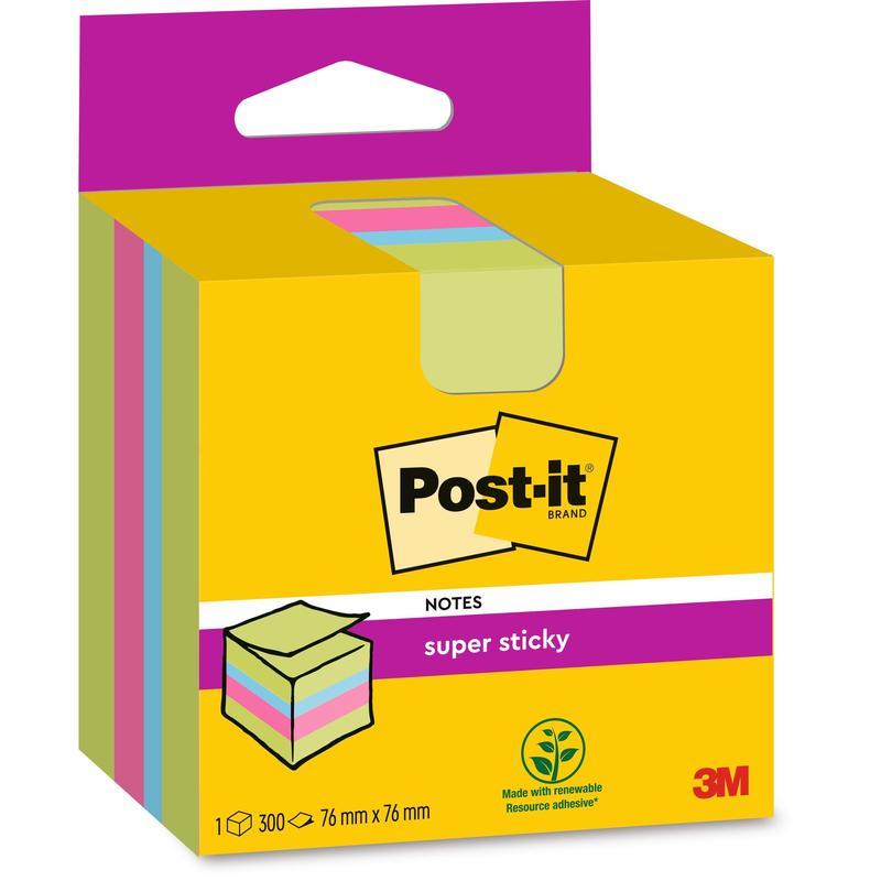 Eine Packung Post-it® Super Sticky Notes Würfel von 3M Deutschland GmbH, 300 Zettel in vier Farben, 76 mm x 76 mm, auf einer gelb-rosa Schachtel mit dem 100% PEFC-Zeichen und dem Symbol für nachwachsende Rohstoffe.