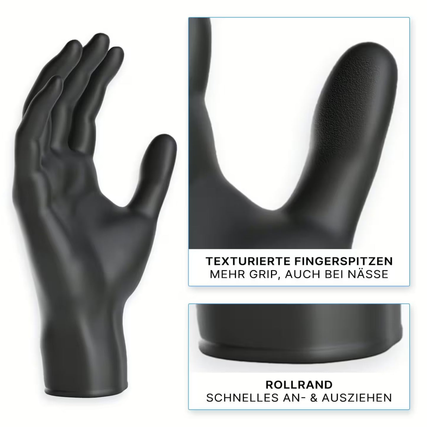 Der ARNOMED NITRIL XTRA PURE BLACK Einmalhandschuh von ARNOWA GmbH ist akzeleratorfrei, hautverträglich und zeigt texturierte Fingerspitzen für besseren Griff sowie einen gerollten Bund für einfaches An- und Ausziehen.
