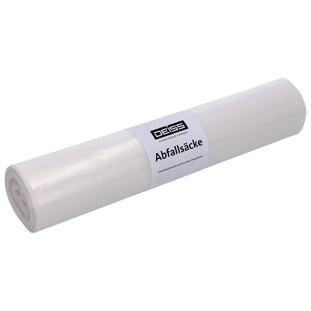 Abgebildet ist eine 25er-Packung DEISS 39321 Müllsäcke (700x1100 mm, Typ 60, transparent-klar) der EMIL DEISS KG (GmbH + Co.) in klarer Kunststoffverpackung auf einfarbig weißem Hintergrund.