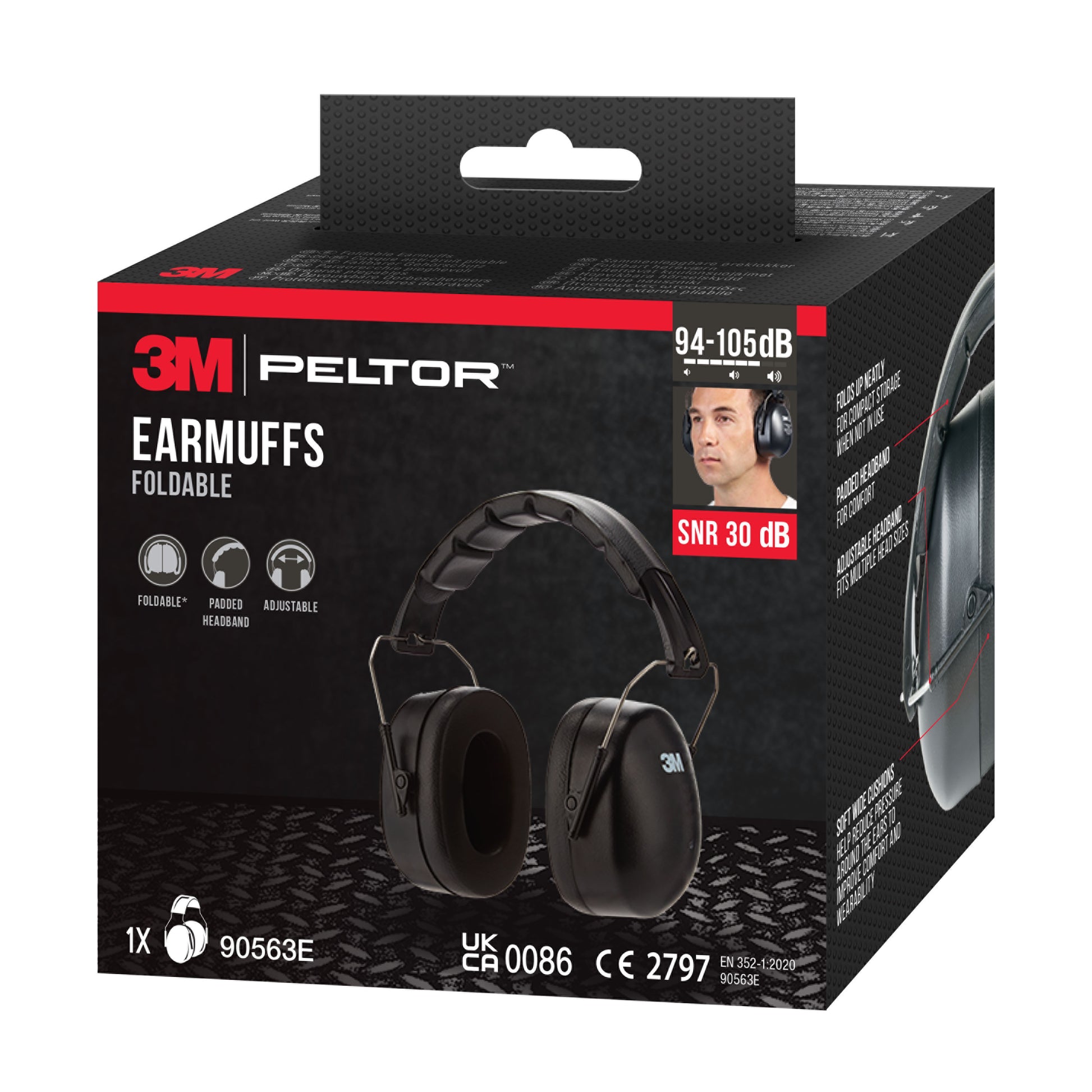 Abgebildet ist eine schwarze Schachtel des 3M™ Kapselgehörschützers mit faltbarem Kopfbügel 90563E, SNR-Wert 30 dB, Schwarz der 3M Deutschland GmbH, die das gepolsterte Kopfband und das faltbare Design mit Bildern des Kapselgehörschützers und eines Benutzers hervorhebt.