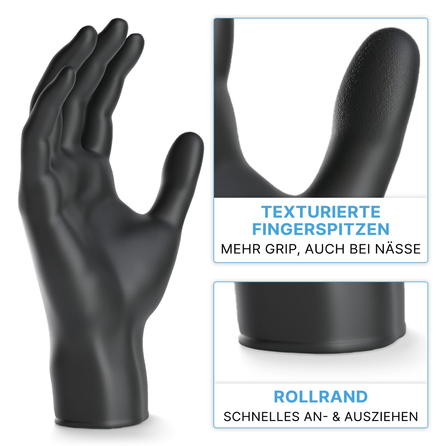 Ein ARNOMED NITRIL BLACK 200er Nitrilhandschuh von ARNOWA GmbH steht aufrecht, Nahaufnahmen zeigen griffige Fingerspitzen und einen Rollrand für leichtes Anziehen; deutsche Beschriftung hebt latexfrei und puderfrei hervor.