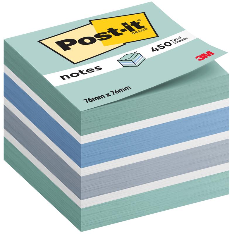 A vertical shot of a Post-it® Notes cube from 3M Deutschland GmbH shows blue, white, and green sticky notes in the format 76 x 76 mm with 450 sheets per block. The packaging shows the brand logo and "100% PEFC".