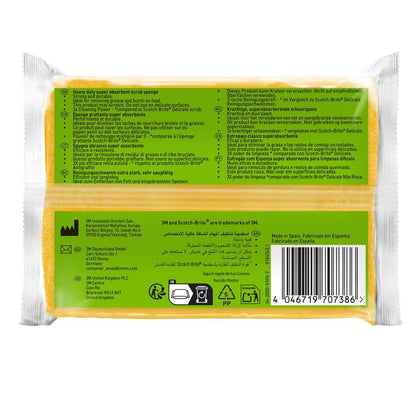 A pack of Scotch-Brite® Classic Cleaning Sponge in yellow and green from 3M Deutschland GmbH is equipped with multilingual instructions, recycling symbols, product info, and a barcode on the right side of the packaging.