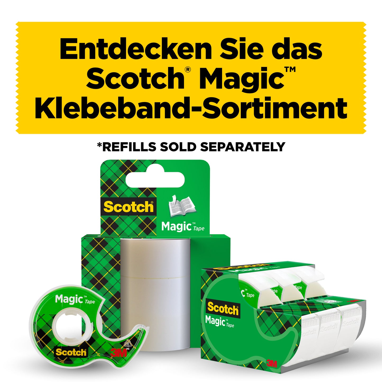 Deutsche Werbung für 3M Deutschland GmbH: Scotch® Magic™ Unsichtbares Klebeband, 2 Rollen (19 mm x 12 m + 3,2 m GRATIS) plus 1 Handabroller. Grün-karierte Produkte unter gelbem Banner. Hinweis: Nachfüllungen separat erhältlich.