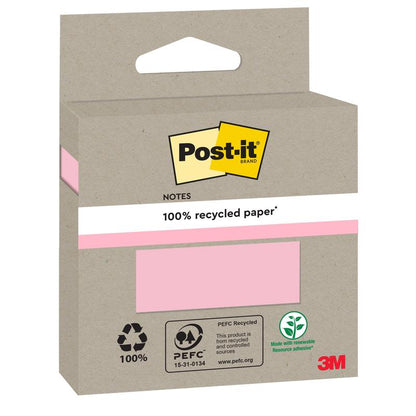 A cardboard pack of Post-it® Recycling Notes (76x76mm, 100 sheets, 100% PEFC) from 3M Deutschland GmbH features environmentally friendly labels and a visible pink note color; the 3M logo is located at the bottom right.