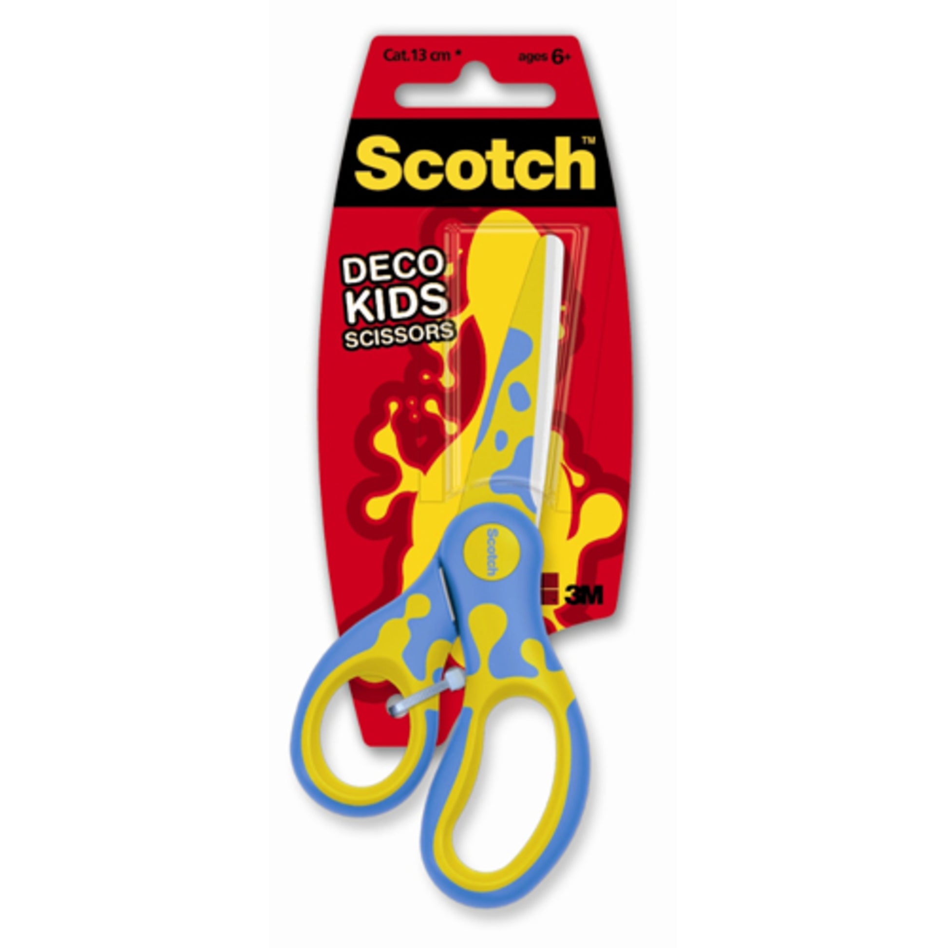 Eine Packung 3M Scotch™ DECO Kinderschere, 13 cm, sortierte Modelle (grün, blau oder rosa), für Kinder ab 6 Jahren, 1 pro Packung. Leuchtend bunte Verpackung mit Sicherheitsinformationen.