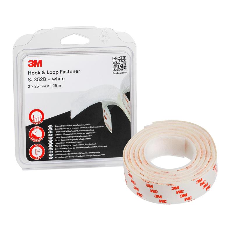 3M™ Haken- und Schlaufenband SJ352B, Weiß, 25 mm x 1.25 m, 4.4 mm, Blister IPC | Packung (1 Rolle)