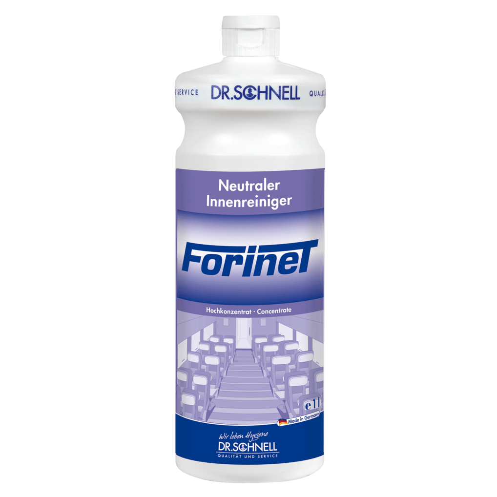 Eine weiße Flasche Dr. Schnell FORINET Fahrzeuginnenreiniger der DR.SCHNELL GmbH & Co. KGaA, mit blau-weißem Etikett, das einen Innenraum zeigt, ideal für die Reinigung von Autoinnenräumen und die Entfernung von hartnäckigem Schmutz.