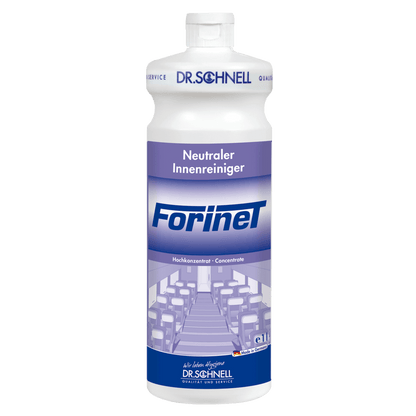 Eine weiße Flasche Dr. Schnell FORINET Fahrzeuginnenreiniger der DR.SCHNELL GmbH & Co. KGaA, mit blau-weißem Etikett, das einen Innenraum zeigt, ideal für die Reinigung von Autoinnenräumen und die Entfernung von hartnäckigem Schmutz.