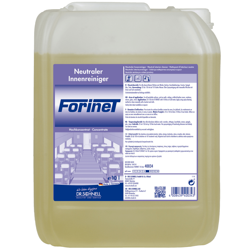 Ein 10-Liter-Kunststoffbehälter des Dr. Schnell FORINET Fahrzeuginnenreinigers der DR.SCHNELL GmbH & Co. KGaA, mit weißem Deckel und großem Etikett mit Anwendungshinweisen, Symbolen und Bildern für die effektive Innenreinigung von Fahrzeugen.