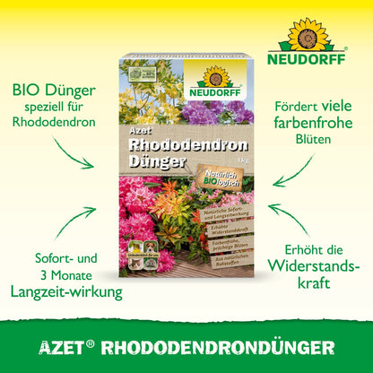 Abgebildet ist eine Schachtel Azet RhododendronDünger von Neudorff Shop mit leuchtenden Rhododendren und Azaleen auf der Verpackung und der organischen Volldünger-Formel für eine gesunde Blüte mit Sofort- und Langzeitwirkung.