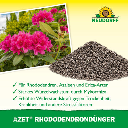 Ein Stapel Azet RhododendronDünger von Neudorff Shop liegt neben einem blühenden rosa Rhododendron. Der Text darunter beschreibt die Vorteile von Rhododendron, Azaleen und Eriken. Oben ist das Neudorff-Logo zu sehen.