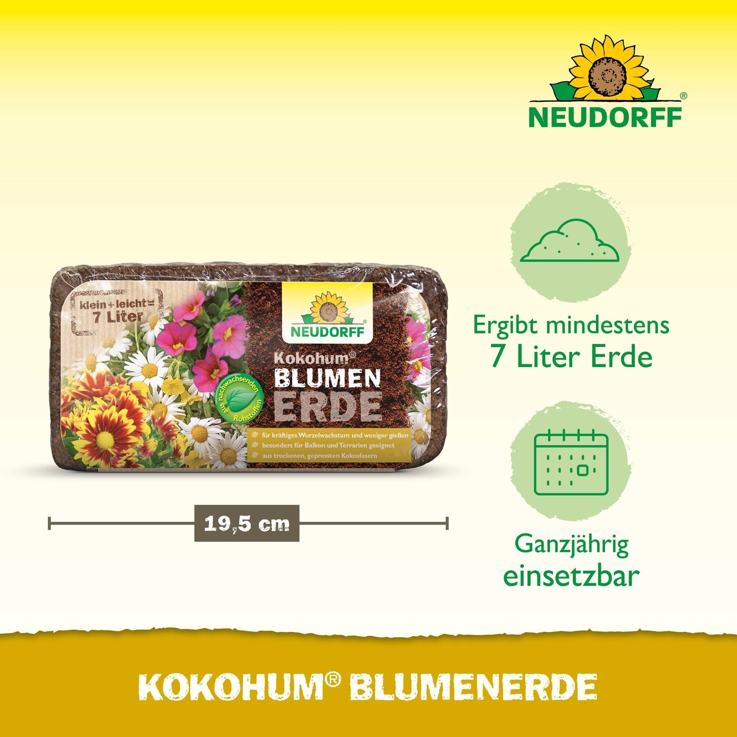 A packaged block of Neudorff Shop Kokohum Flower Soil, with colorful flowers on the label, yields at least 7 liters of soil, is 19.5 cm wide, and is suitable for year-round use.