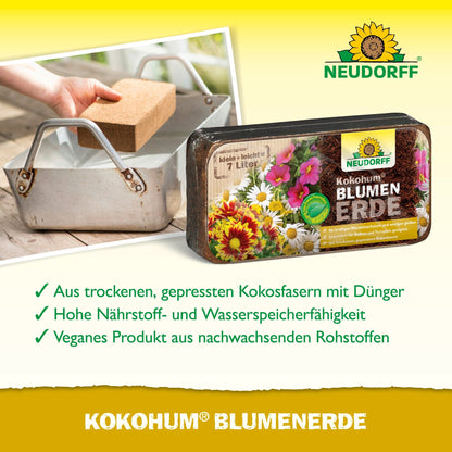 A package of Neudorff Shop Kokohum Flower Soil is shown on a yellow background with a note text. A photo shows a hand placing a Kokohum Flower Soil coconut fiber brick into a metal container.