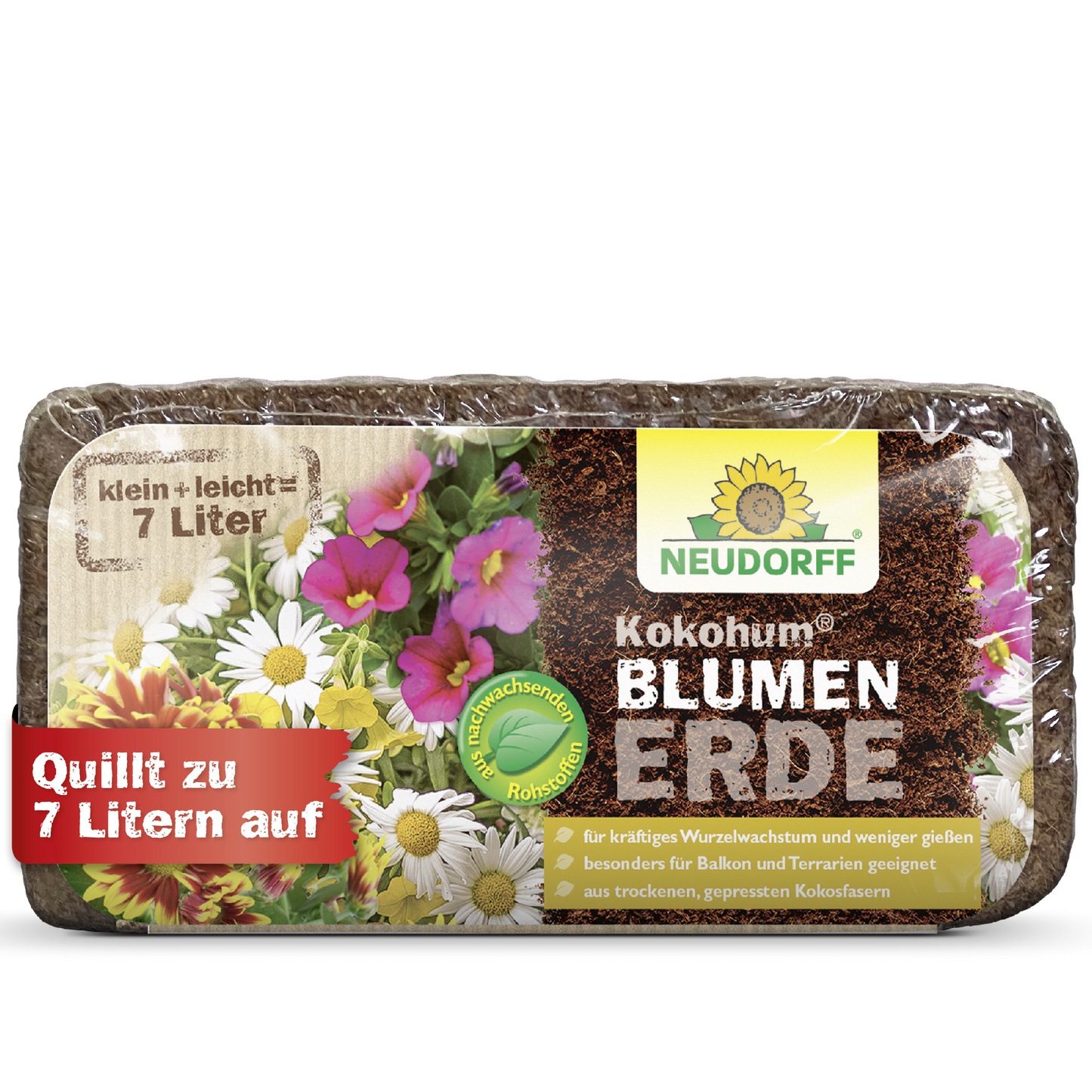 Shown is a package of Neudorff Shop Kokohum Flower Soil, which expands to 7 liters and is ideal for flowers. The German packaging features colorful blossoms, product details, and highlights the natural coconut fiber content.