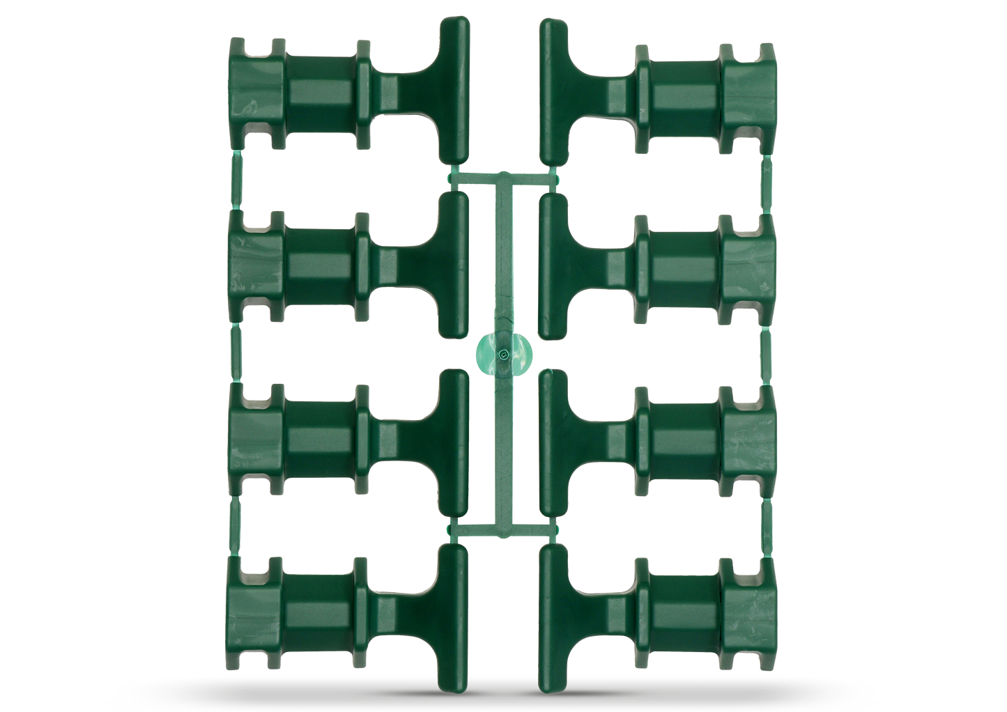 Ein grüner Kunststoffanguss enthält zehn identische Neudorff DuoTherm Komposterklammern in zwei Säulen, die durch einen zentralen Rahmen verbunden sind, dargestellt auf weißem Hintergrund - perfekte Ersatzteile für Ihren Thermokomposter aus dem Neudorff Shop.