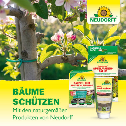 Abgebildet ist ein Baum mit rosafarbenen und weißen Blüten, im Vordergrund Pflanzenschutzmittel aus dem Neudorff Shop, darunter Lauril Baumwachs. Der Text lautet: "Bäume schützen. Mit den naturgemäßen Produkten von Neudorff Shop.