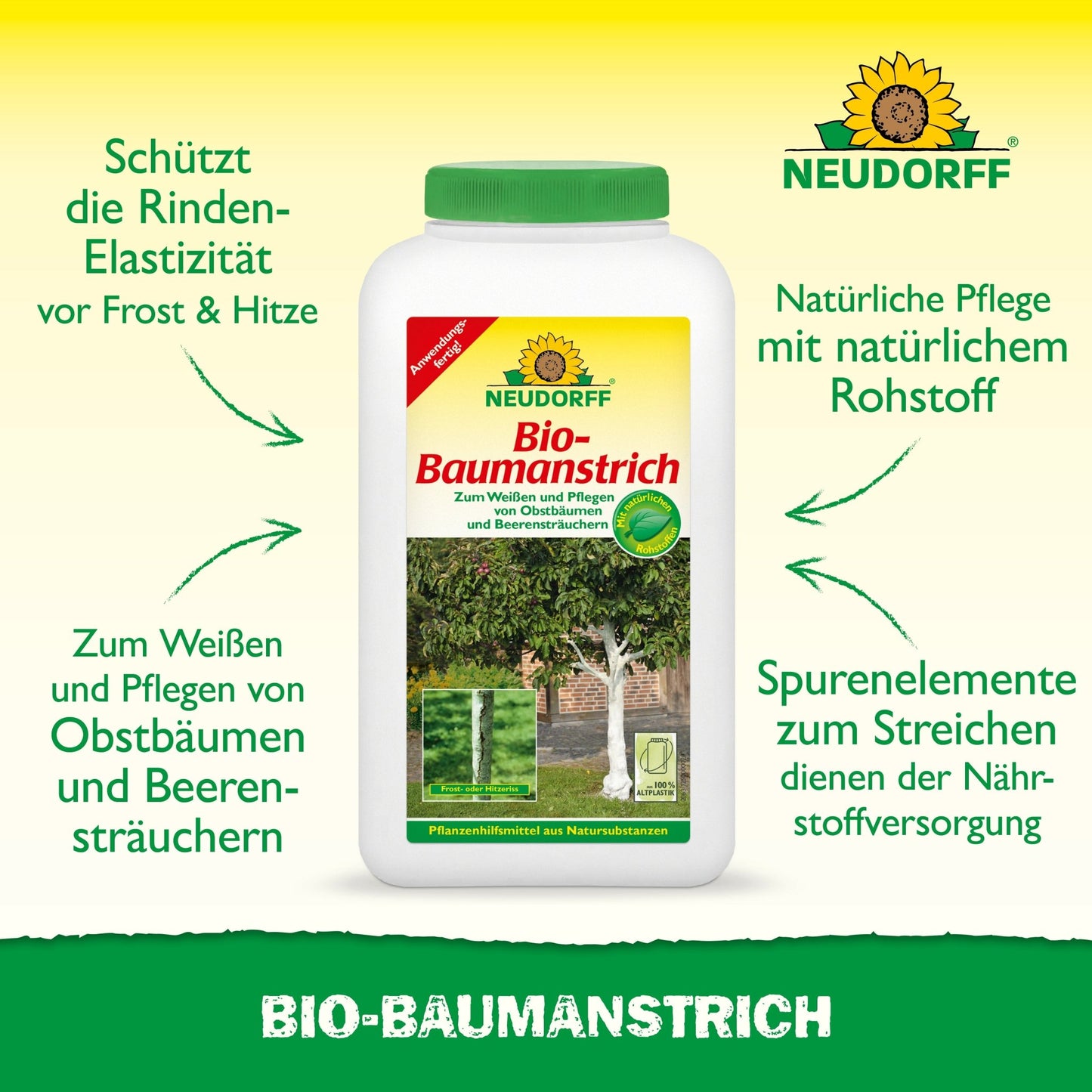 Ein Behälter mit Bio-Baumanstrich von Neudorff Shop steht mittig auf einem gelben Hintergrund mit grünem Text über die Pflege und den Schutz von Baumrinde. Auf dem Etikett sind Bäume und Anwendungsbeispiele für die natürliche Baumpflege abgebildet.