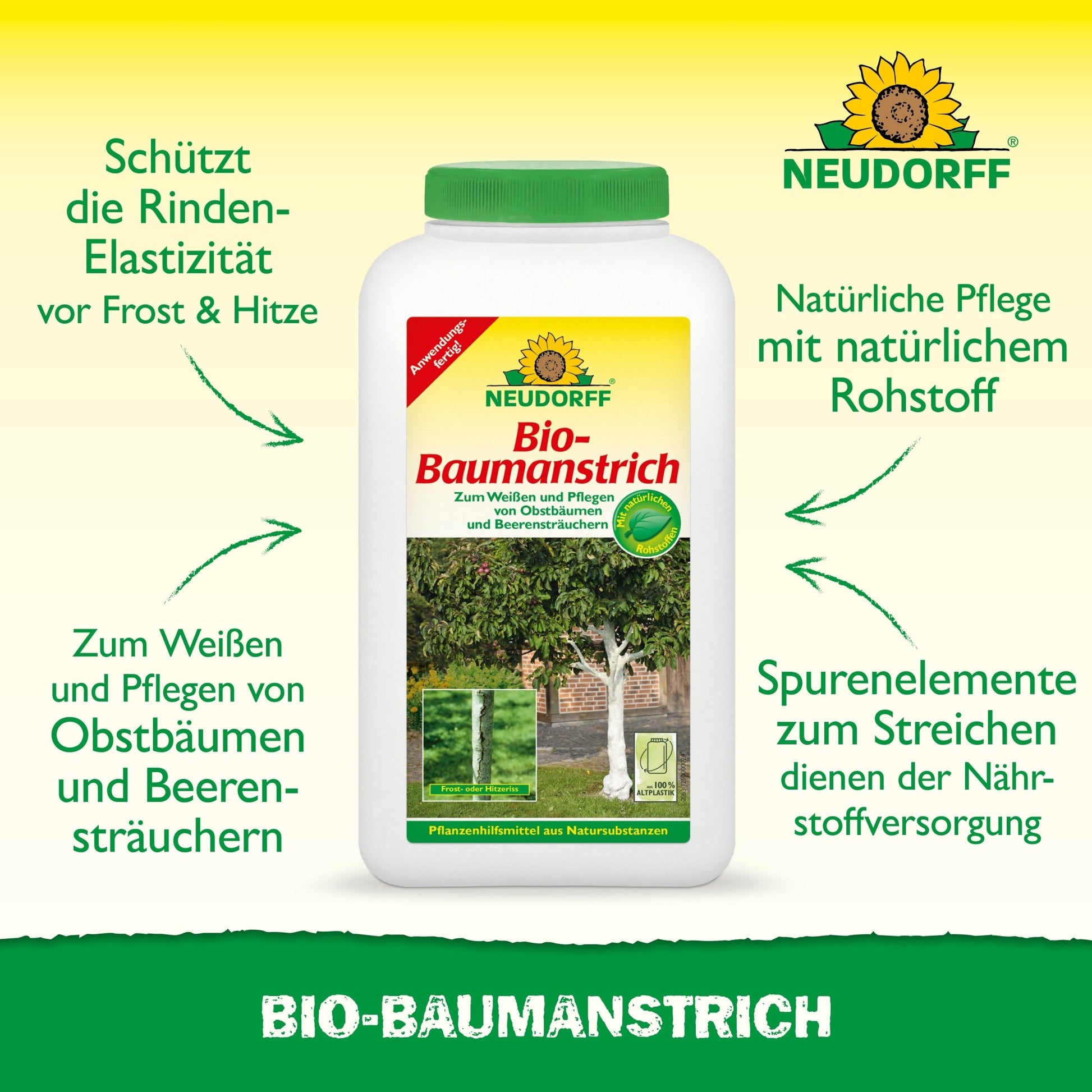 Ein Behälter mit Bio-Baumanstrich von Neudorff Shop steht mittig auf einem gelben Hintergrund mit grünem Text über die Pflege und den Schutz von Baumrinde. Auf dem Etikett sind Bäume und Anwendungsbeispiele für die natürliche Baumpflege abgebildet.