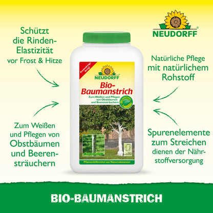 Ein Behälter mit Bio-Baumanstrich von Neudorff Shop steht mittig auf einem gelben Hintergrund mit grünem Text über die Pflege und den Schutz von Baumrinde. Auf dem Etikett sind Bäume und Anwendungsbeispiele für die natürliche Baumpflege abgebildet.
