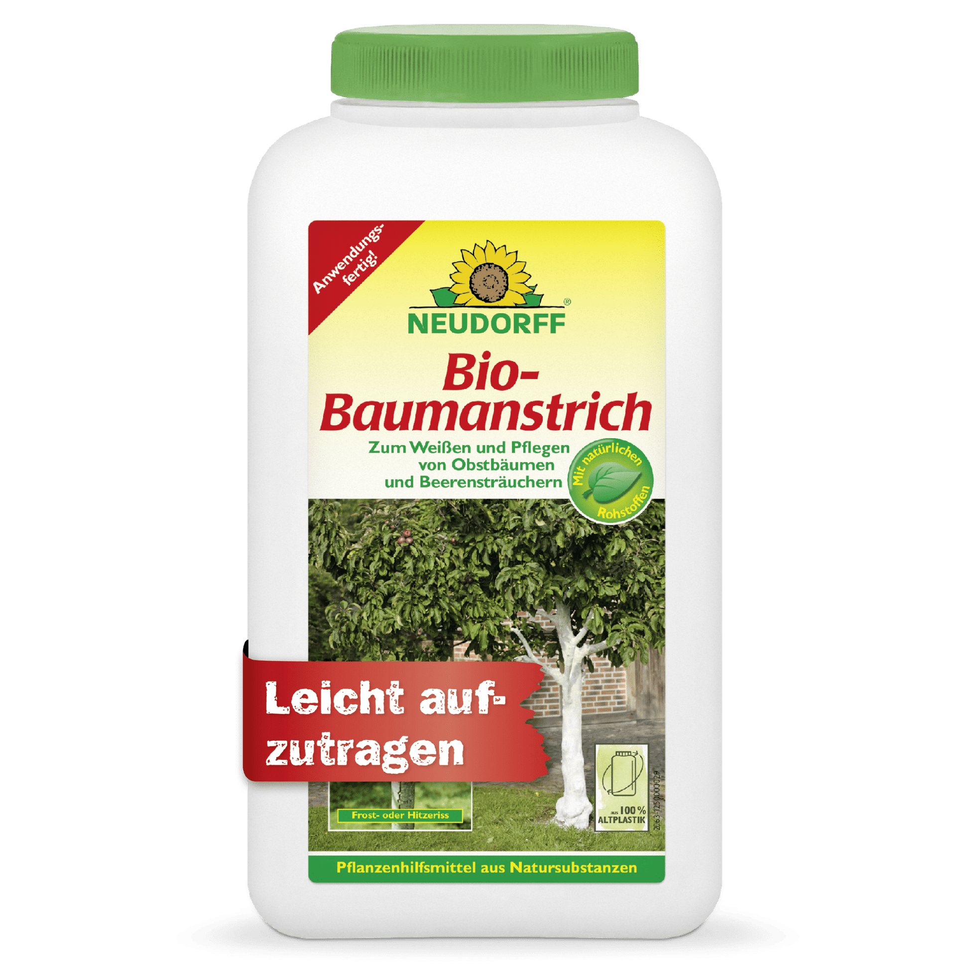 Ein weißer Behälter von Neudorff Shop mit der Aufschrift "Bio-Baumanstrich" zeigt einen Baum mit weißem Stamm. Auf dem Etikett steht "Leicht aufzutragen" und der Hinweis, dass dieses Produkt Baumrinde pflegt und schützt, ideal für Obst- und Beerenbäume.