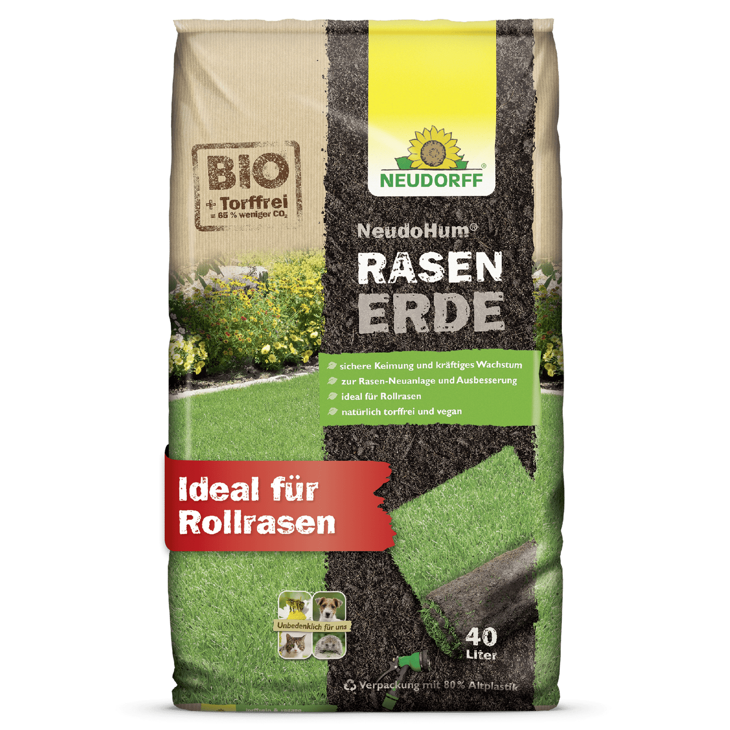 Der Neudorff Shop NeudoHum RasenErde ist eine 40L biologische, torffreie, vegane Rasenerde - ideal zum Anlegen von grünem Rasen oder Rollrasen, wie er auf der Rasenverpackung abgebildet ist. Perfekt für Rasenfläche und gesundes Wachstum.
