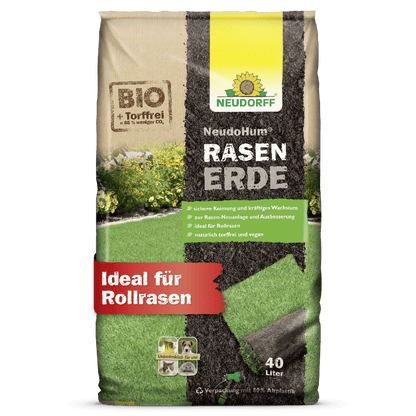 Der Neudorff Shop NeudoHum RasenErde ist eine 40L biologische, torffreie, vegane Rasenerde - ideal zum Anlegen von grünem Rasen oder Rollrasen, wie er auf der Rasenverpackung abgebildet ist. Perfekt für Rasenfläche und gesundes Wachstum.