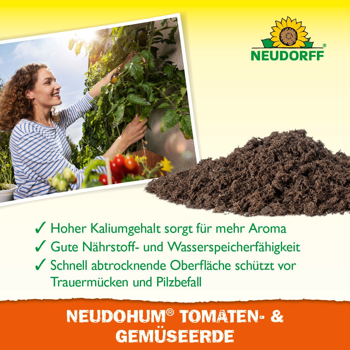 A woman tends to tomato plants in a garden next to a pile of NeudoHum Tomato & Vegetable Soil from the Neudorff Shop. It is rich in potassium and nutrients, offers excellent water retention, and protects against pests and fungi.