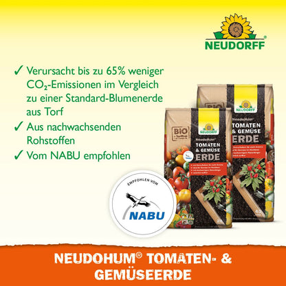 A close-up of the NeudoHum Tomato & Vegetable Soil from the Neudorff Shop, the perfect planting substrate for summer vegetables, meeting the nutritional needs of your plants.