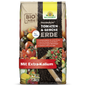 Auf der Verpackung eines Beutels Neudorff Shop NeudoHum Tomaten- & GemüseErde, torffrei und biologisch, sind Tomaten und Sommergemüse abgebildet. Mit extra Kalium ist sie ideal für Hochbeete und unterstützt ein gesundes Gemüsewachstum.