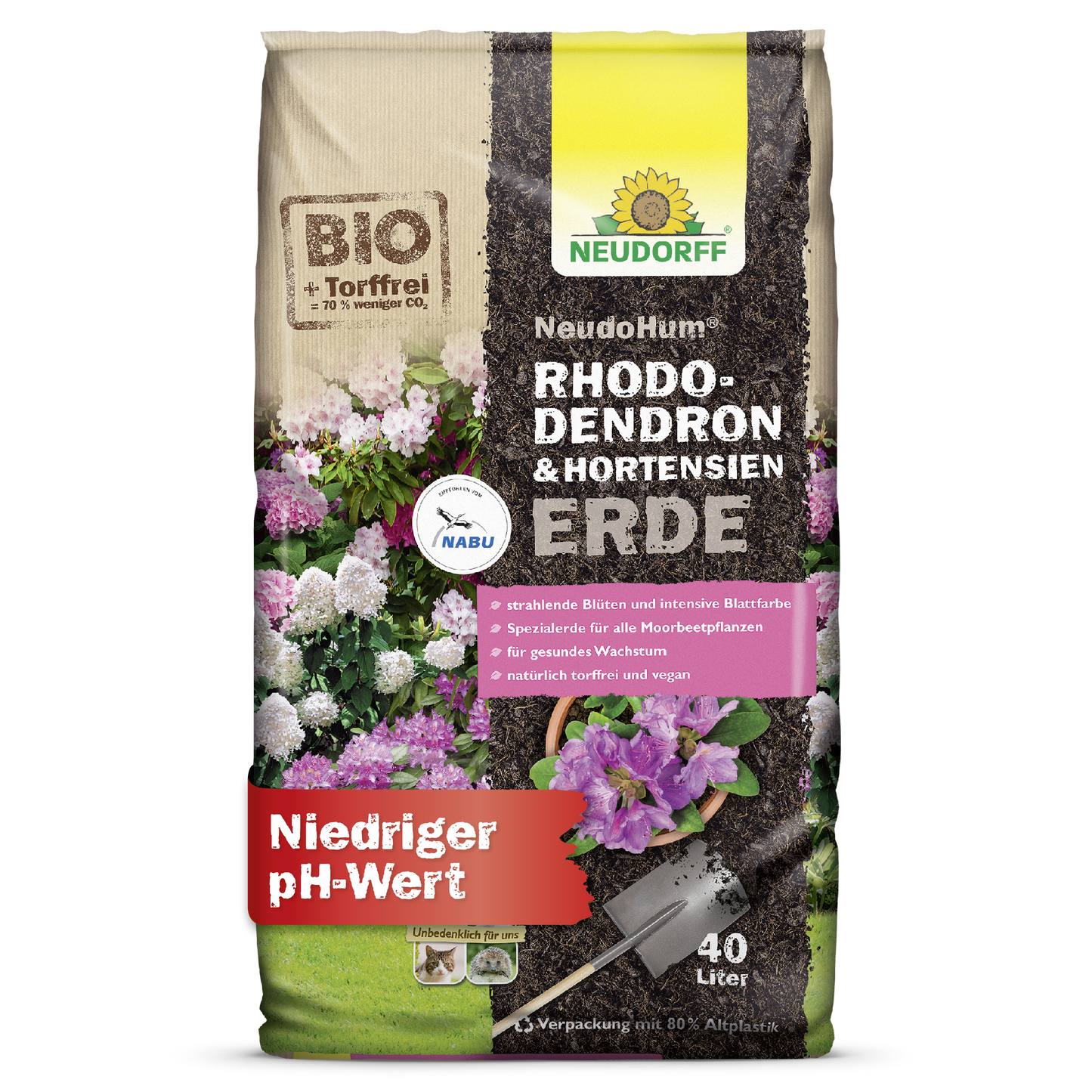Ein 40-Liter-Sack Neudorff Shop's NeudoHum Rhododendron & Hortensien Erde, ein Substrat mit niedrigem pH-Wert. Auf der Verpackung sind blühende Rhododendren und Hortensien abgebildet, mit ausführlicher Produktinformation in deutscher Sprache.