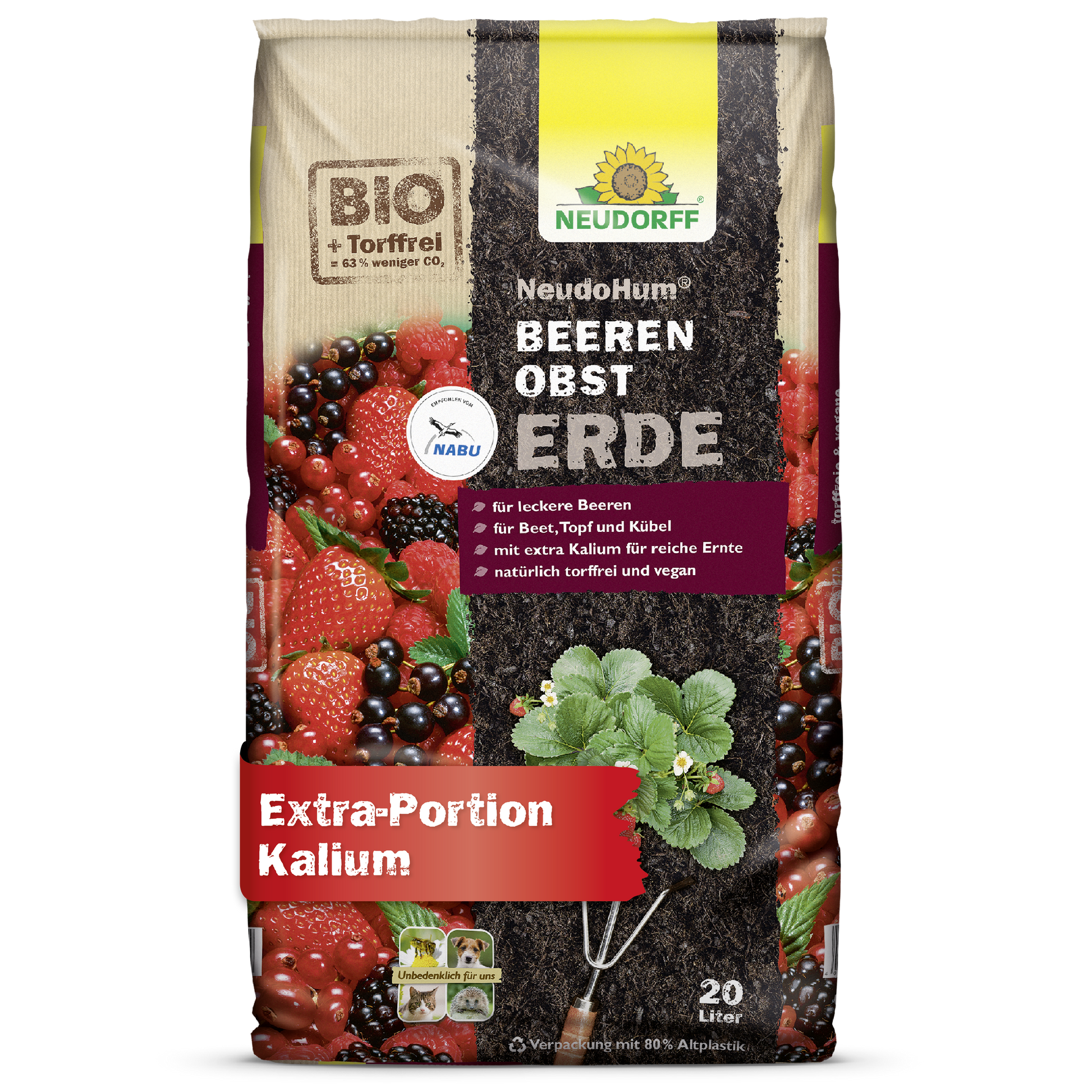 Gezeigt wird ein 20-Liter-Sack NeudoHum BeerenobstErde aus dem Neudorff Shop - ideal für Beeren auf dem Balkon oder in Töpfen. Die bio-zertifizierte Verpackung enthält Erdbeeren, Himbeeren, Brombeeren und Johannisbeeren und enthält zusätzlich Kalium.