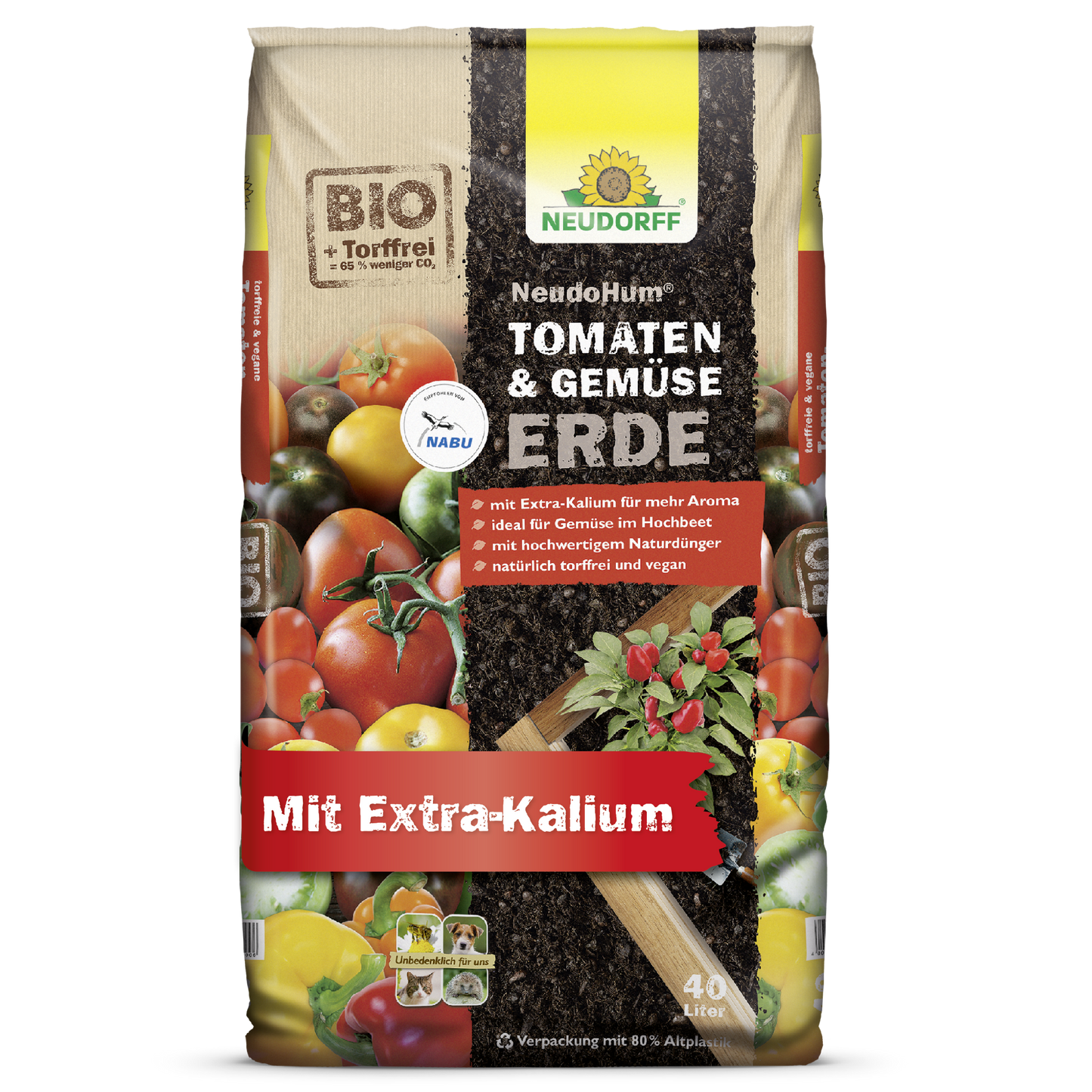 A 40L bag of Neudorff Shop NeudoHum Tomato & Vegetable Soil, peat-free and vegan with extra potassium, ideal for summer vegetables. Bio-packaging with tomatoes, various vegetables, soil, and plant leaves.