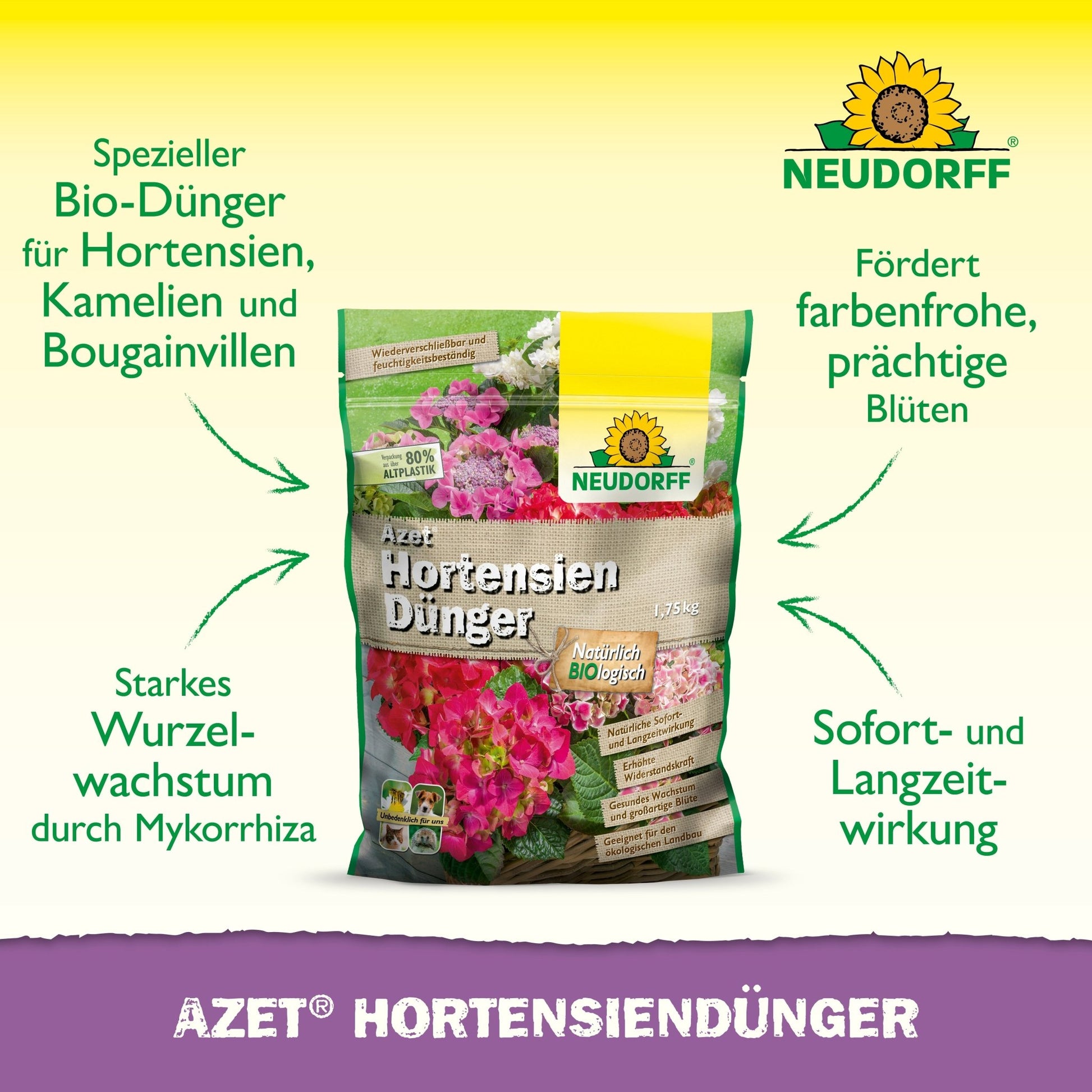 A bag of Neudorff Shop Azet HortensienDünger stands upright on a white background with green and yellow accents, displaying German text about its benefits for hydrangeas, camellias, and bougainvilleas in your garden for a beautiful bloom.