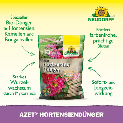 A bag of Neudorff Shop Azet HortensienDünger stands upright on a white background with green and yellow accents, displaying German text about its benefits for hydrangeas, camellias, and bougainvilleas in your garden for a beautiful bloom.