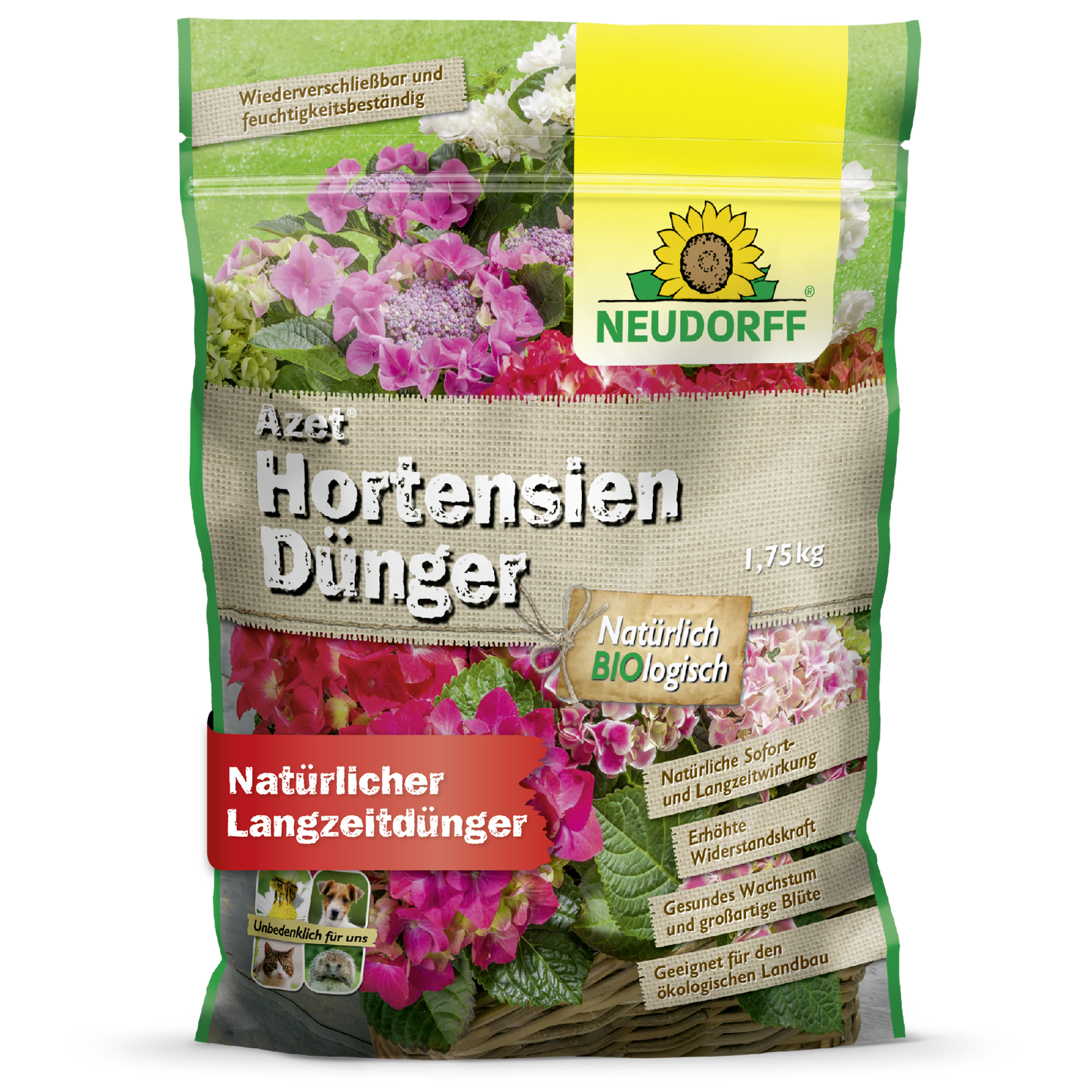 A 1.75-kg bag of Neudorff Shop Azet HortensienDünger, a natural fertilizer for garden hydrangeas, with packaging featuring pink and white blooms and German text.