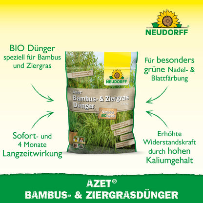 In der Mitte ist eine Tüte Neudorff Shop Azet Bambus- & ZiergrasDünger abgebildet, mit deutschem Text über Langzeitwirkung und grünere Blätter für Bambus und Ziergras auf weißem und grünem Hintergrund.