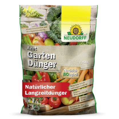 Ein 1,75-kg-Beutel Neudorff Shop Azet GartenDünger, ein organischer Volldünger für den Langzeiteinsatz im ökologischen Gartenbau, zeigt auf der grün-gelben Verpackung leuchtendes Gemüse und ein Sonnenblumen-Logo.
