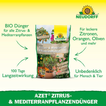 Abgebildet ist Azet Zitrus- & MediterranpflanzenDünger von Neudorff Shop, ein organischer Volldünger für mediterrane Kübelpflanzen wie Zitronen, Oliven, Orangen und Oleander mit langanhaltender Wirkung.